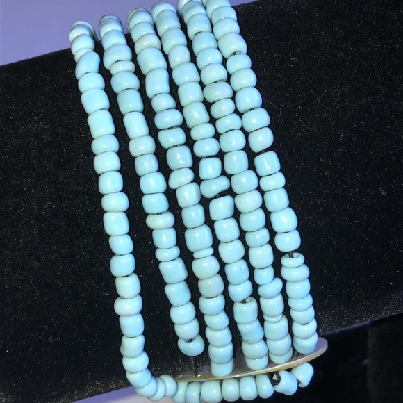 Light Blue Glass Beaded Multi Strand Abalone Shell Boho Bracelet - Picture 2 of 4